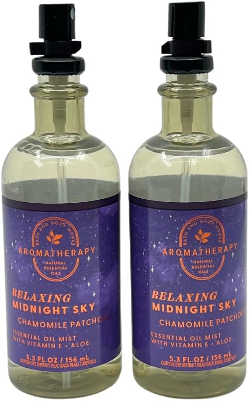 Bath & Body Works Aromatherapy Relaxing Midnight Sky Chamomile Patchouli Essential Oil Mist Gift Set with a Red Bow for Holidays & Gifts – Pack of 2