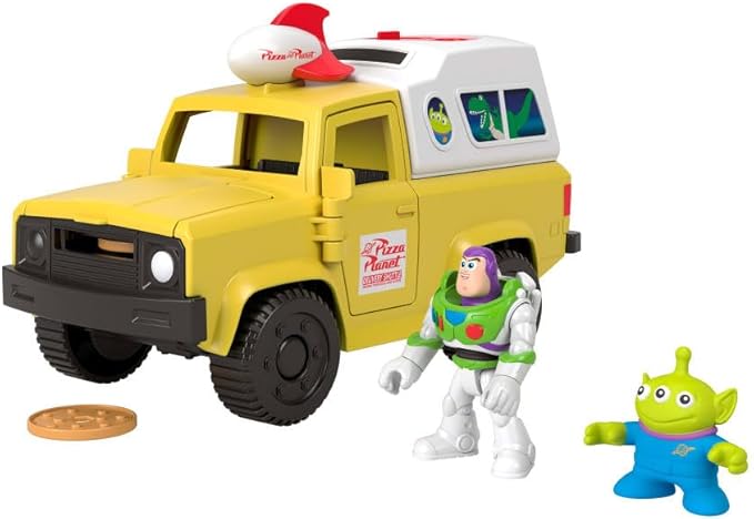 Fisher-Price Imaginext Disney and Pixar Toy Story Pizza Planet Truck with 3-inch Buzz Lightyear & Alien Friend Action Figures, Toy Vehicle & Pizza Projectile Accessories