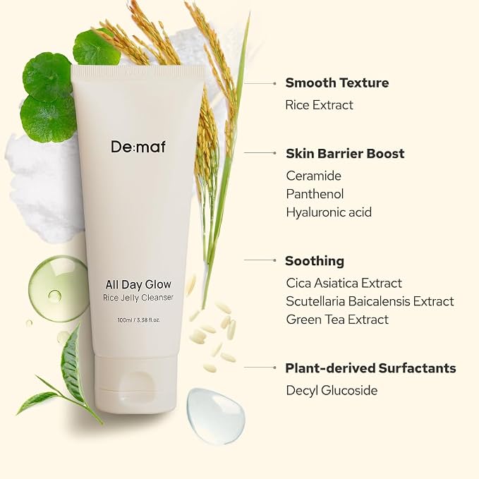 De:maf All Day Glow Rice Jelly Cleanser, Low pH, Sensitive Skin, 3.38 fl oz | Korean Skincare Rice Face Wash with Centella Green Tea for Sensitive Skin, Hydrating, Soothing, SLS-Free, Fragrance-Free