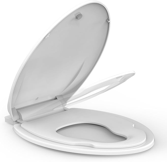 Potty Training Seat Built-In Toilet Seat, Elongated Toilet Seat 19 Inch with Baby Seat, 2 In 1 Soft Close Quiet No Slapping, Magnetic Absorption, Easy Installation for Bottom Fixing Toilet
