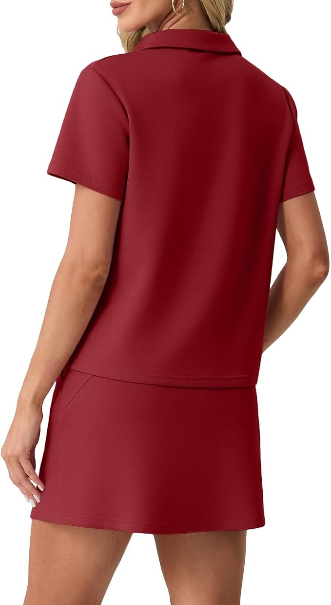 GRECERELLE Women's Summer 2 Piece Skort Set Half Zip Short Sleeve Top & Pocketed Tennis Skirt For Sports & Vacations.