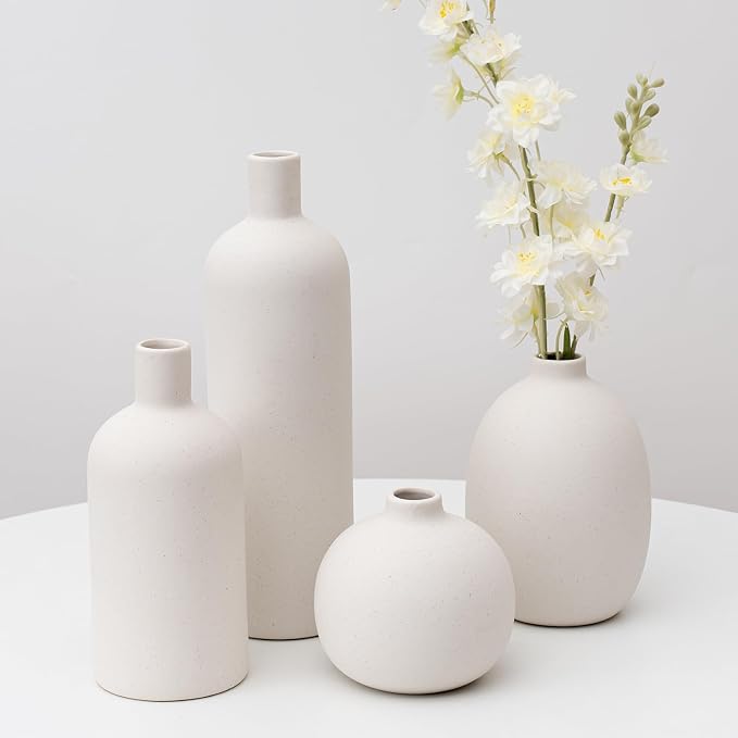White Ceramic Vase Set of 4, Modern Minimalist Colors Home Decor, Decorative Flowers Vases for Bouquet, Pampas | Table Mantel Centerpiece Bookshelf Living Room Bedroom (White Set of 4)