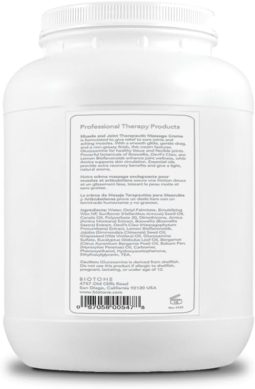 BIOTONE Muscle and Joint Relief Therapeutic Massage Cream1gal, with Natural Botanicals of, Glucosamine, Arnica, Boswellia and Devil's Claw to Alleviate Discomfort and Aching Muscles.