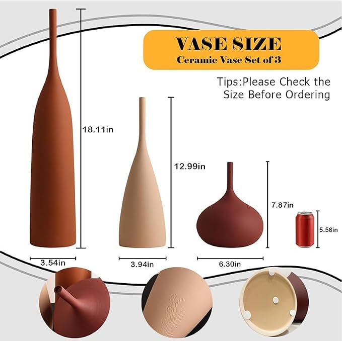 Ceramic Vases Set of 3, Modern Boho Vases for Centerpiece Decor, Matte Minimalist Decorative Vases for Home Decor, Living Room, Bookshelf, and Entryway Table Decor (Multicolor-1)