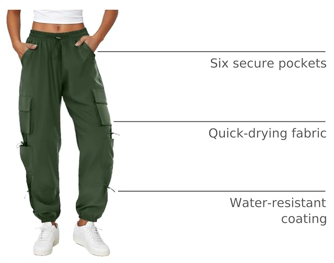 COPYLEAF Womens Parachute Cargo Pants with Pockets Quick Dry Hiking Pants Lightweight Water-Resistant Baggy Joggers