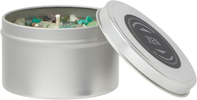 Zen Crystal Candle by NEW MOON BEGINNINGS - All Natural Aromatherapy Candle - 100% Soy Candle - Citrus, Cedarwood, Patchouli - Amazonite, Fluorite, Moss Agate - Meditation Candle - 8 oz. Tin with lid