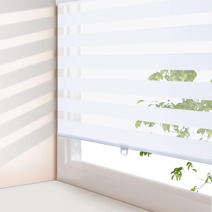 AOSKY Zebra Blinds for Windows Cordless Roller Shades for Home Free-Stop Windows Shades Dual Layer Light Control for Day and Night Easy to Install (42" W X 72" H, White)