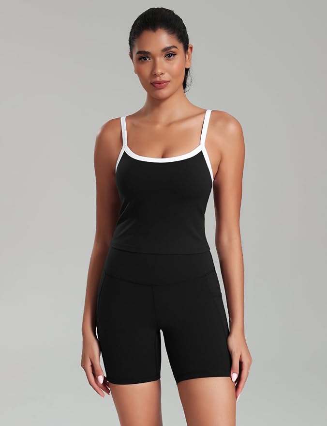 HeyNuts Vintage Color-Block Strappy Crop Tank Top for Womens, Cute Contrasting Trim Yoga Longline Sports Bras Padded A-D Cups