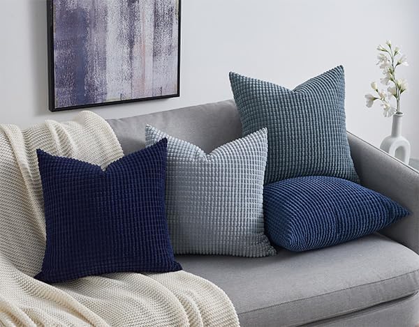 Topfinel 4 Packs Blue Decorative Throw Pillow Covers 22x22 Inch for Living Room Couch Bed Sofa, Boho Western Farmhouse Home Decor, Square Soft Moss Corduroy Fall Cushion Case 55x55 cm