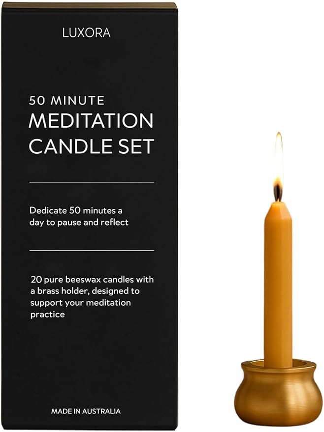 Australian Made 50 Minute Pure Beeswax Candles, Beeswax Meditation Candle Set, Set of 20 mini Candles with Brass Holder, Stress Releif Gifts for Women,Non Toxic Yoga Candle (50 Min Set + Holder)