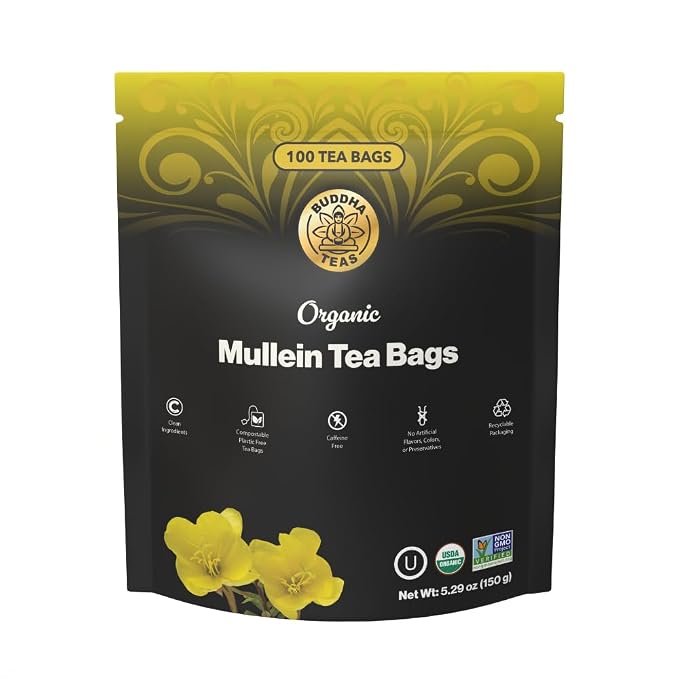 Buddha Teas - Organic Mullein Leaf Tea Bags - For Health & Wellbeing - With Antioxidants & Minerals - Clean Ingredients - Caffeine Free - OU Kosher & Non-GMO - 100 Non-String Tea Bags (Pack of 1)