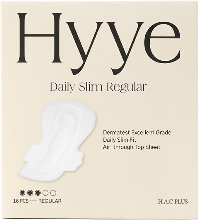 Hyye Ultra Thin Daily Sanitary Pads with Wings, High Absorbency, Air Flow Cotton Soft Touch Cover for Sensitive Skin, Unscented, Made in Korea (Regular, 16 Count)