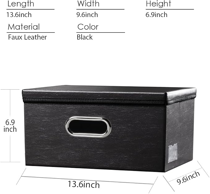Collapsible Storage Box with Lid [3-Pack] Leather Fabric Foldable Storage Bin Organizer Container Basket Cube with Cover for Home Bedroom Closet Office Nursery Black(13.6x9.6x6.9)