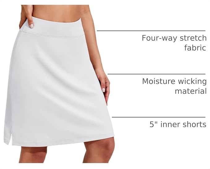 COOrun Women's 20" Knee Length Skirts High Waisted Golf Skorts with Pockets | Soft, Quick Dry, Split Hem, Built-in Shorts, A-line, Modest Skirts, for Golf Athletic Tennis Work Casual