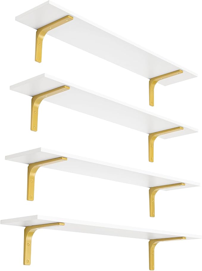 DINZI LVJ Long Wall Shelves, 39.4" Wall Mounted Shelves Set of 4, Large Floating Shelves for wall with Metal Brackets, for Living Room, Bathroom, Bedroom, Kitchen, White and Gold