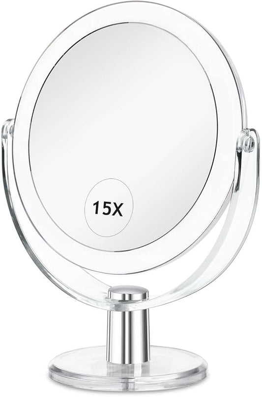 CLSEVXY Vanity Makeup Mirror with Stand, 1X/15X Magnification Double Sided 360 Degree Swivel, Portable Table Desk Counter top Magnifying Mirror, Tabletop Mirror for Bedroom or Dorm Room, 6.25 Inch