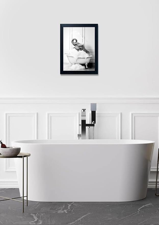 Framed Bathroom Decor Wall Art Elephant in Bathtub Pictures Wall Decor Funny Black and White Animal Canvas Print Artworks for Bathroom