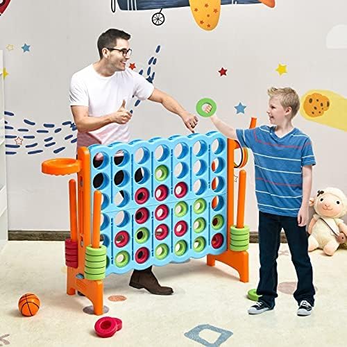 DORTALA Giant 4-in-A-Row, Plastic Jumbo Connect Game Set w/42 Jumbo Rings, Quick-Release Slider, Ring Toss, 2.5Ft Indoor Outdoor 4 to Score Yard Game w/Basketball Hoop