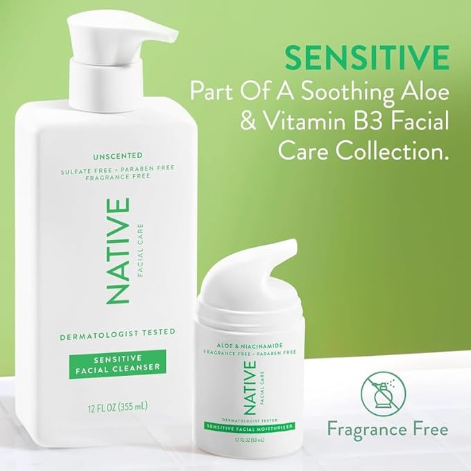 Native Sensitive Face Wash, Spa Day Every Day Facial Cleanser (2 Pack) | Daily Face Cleaner with Aloe and Vitamin B3, Unscented, 12 fl oz