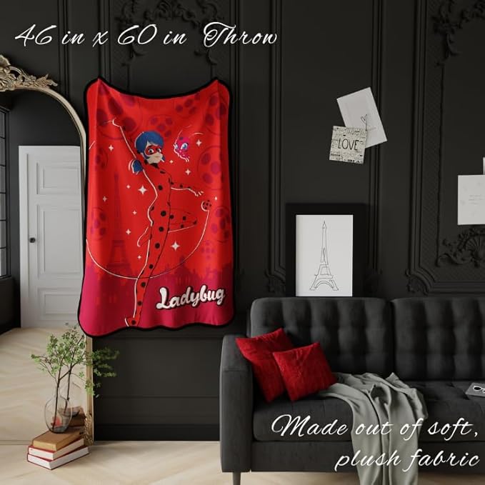 Miraculous: Tales of Ladybug and Cat Noir Kids Bedding Super Soft Micro Raschel Throw, 46 in x 60 in, (Officially Licensed Product) by Franco