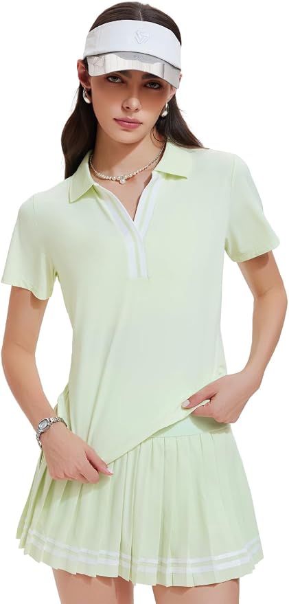 Women 2 Piece Tennis Skirt Set Pleated Golf Outfit, Polo V-Neck Athletic Dress Alternative Skort Set for Pickleball Pockets