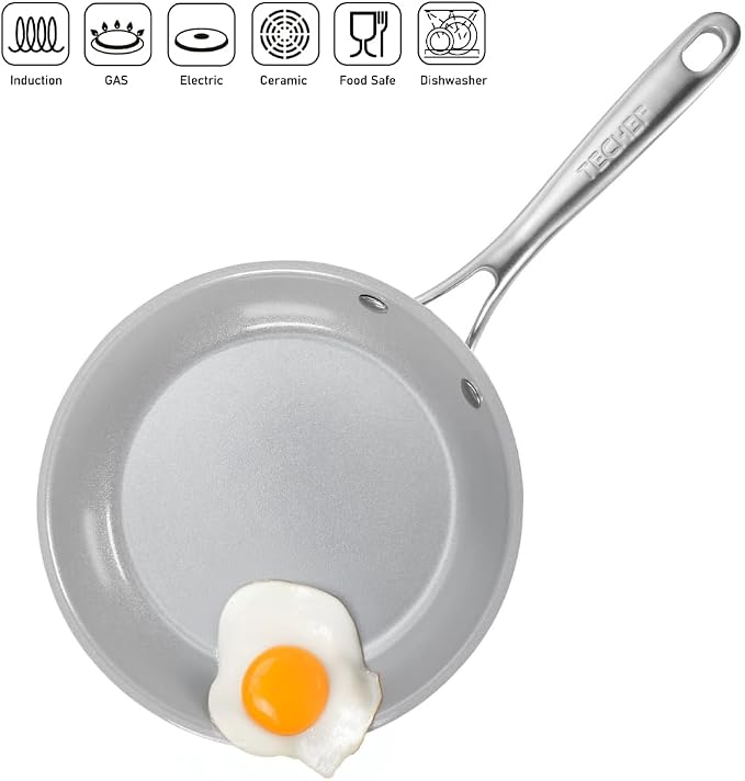 TECHEF 8-inch Ceramic Nonstick Frying Pan, Heavy-Gauge Aluminum, Induction Compatible, with Cover, Made in Korea