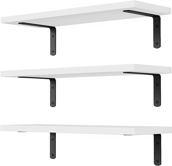 DOLLFIO Floating Shelves, 3 Sets Wall Wooden Shelves for Décor, Mounted Bathroom Shelf Storage, Book Wall, Bedroom, Living Room – White, HM02