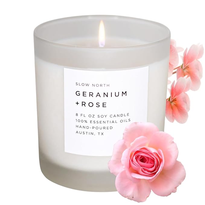 Slow North Geranium + Rose Candle - Essential Oils and Pure Soy Wax Candle in a Reusable Frosted Glass Jar - A Unique Scented Candle Hand-Poured in the USA (8 oz)