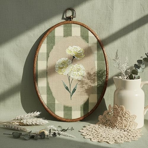 Flower Oval Wall Art, Green Gingham Oval Cottage wall Decor, Retro Botanical Grandma Cottage Core Home Decor for Western Farmhouse Bedroom Living Room, Home Retro Decor Products, 7x10 Inches, 15