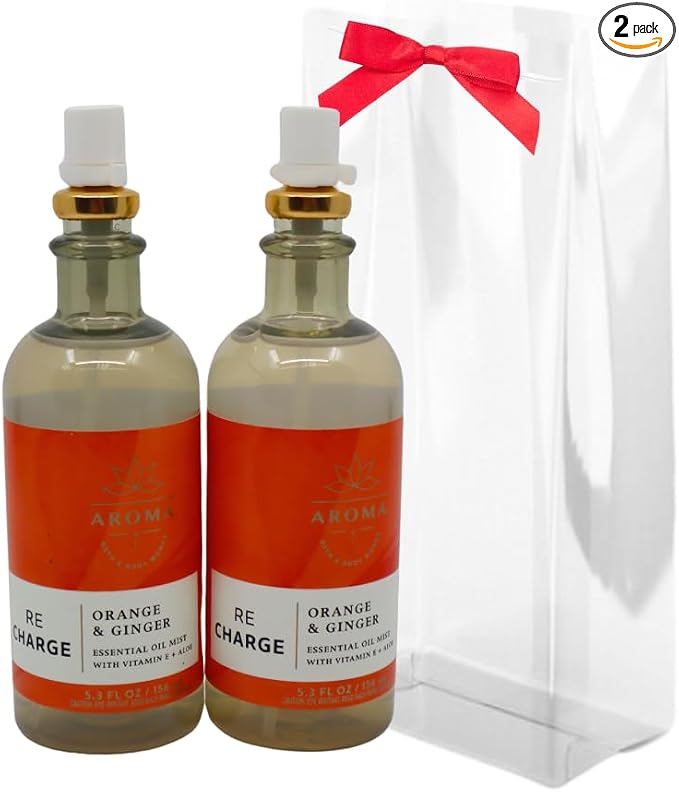 Bath & Body Works Aroma Recharge Orange & Ginger Essential Oil Mist 2-piece Gift Set with a Red Bow for Holiday - 5.3 fl oz Each