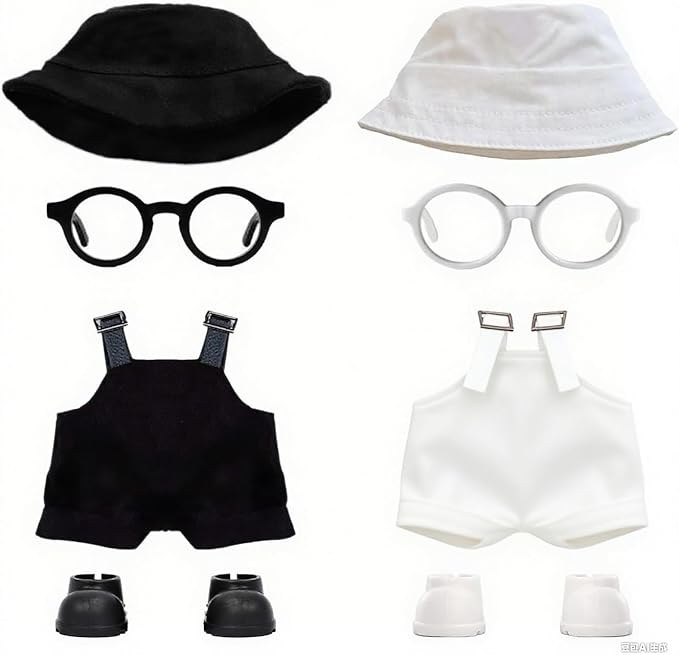 2PCS Doll Clothes Set for 17cm Dolls – Stylish Outfit with 2 Hat, 2 Overalls, 2 Shoes & 2 Glasses of Clothes Designer, Cute Clothes for Dress up Unique Style (Black+White) (Doll Not Included)