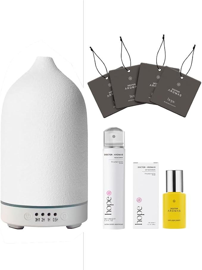 Doctor Aromas Gift of Hope Bundle: Stone Diffuser +Diffuser Drops (1oz)+ Room Spray + 4X Car Perfume – Elegant Odor Eliminator and Air Freshener Scent Aromatherapy Gift