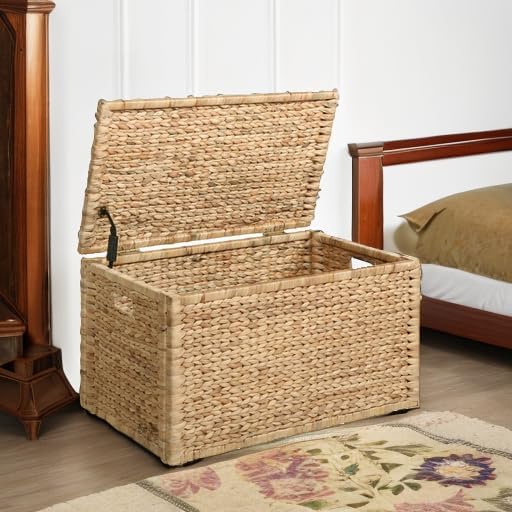 Water Hyacinth Wicker Storage Trunk, Natural, 30x17.5x17.5 Inches | Safety Hinge, Metal Frame, Decorative Blanket Chest & Storage Box, Farmhouse Woven Storage, For Living Room & Entryway
