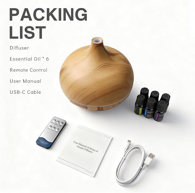 550ml Large Capacity Essential Oil Diffuser with 6 Essential Oil Set, Remote Control Ultrasonic Diffuser,Humidifier for Home Decor,7 Color LED Light with Waterless Auto-Off (Light)