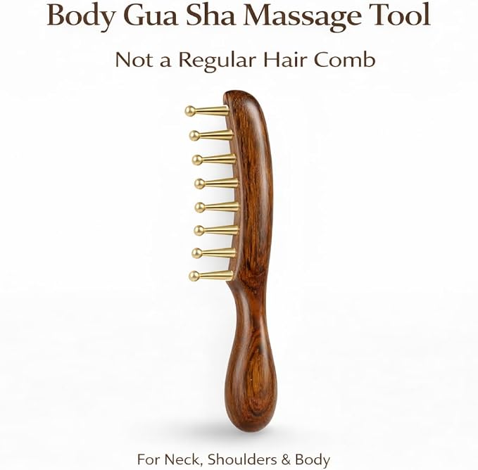 Scarab Acupressure Tool & Wooden Gua Sha Comb Set, Sandalwood Facial Massage Tools with Brass Beads for Face, Jawline, Scalp & Eye Care, Relaxation & Self Care Gift Set