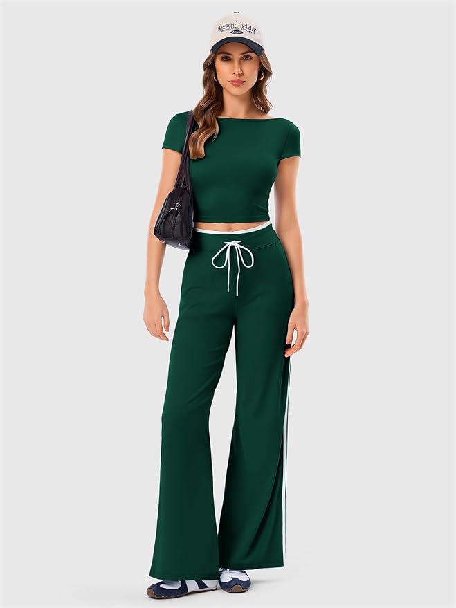 Women's Wide Leg Yoga Pants with Side Stripe, High Waisted Color Block String Lounge Pants, Workout Flowy Track Pants with Pockets