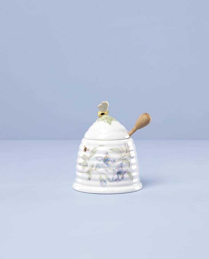Lenox Home And Kitchen, Butterfly Meadow Beehive Honey Pot, Porcelain Material, Dishwasher Safe, Honey Jar, Honeypot, Bee And Flower Design, Bee Decor, Home Decor (White, 1 Piece, 10 Ounce Capacity)