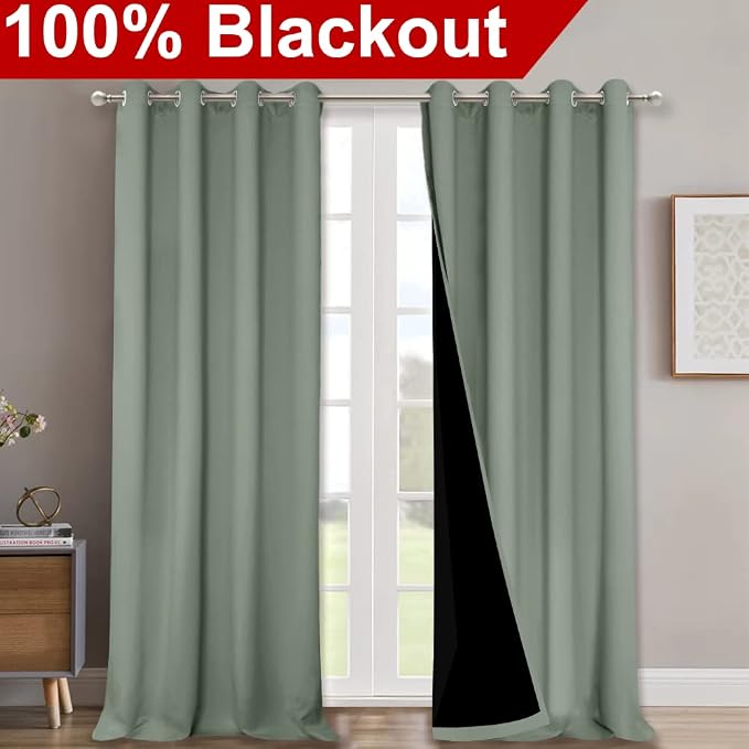 NICETOWN Full Shading Curtains 90 inches Long 2 Panels Set for Windows, Super Heavy-Duty Black Lined Blackout Curtains for Bedroom, Privacy Assured Window Treatment (Greyish Green, 52 inches W)