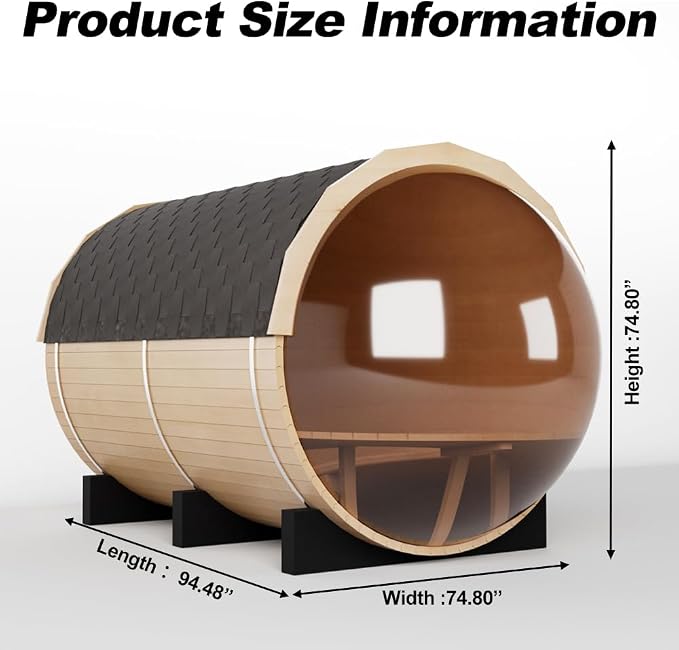 Outdoor Wooden Panoramic Barrel Sauna, 6-8 Person Sauna Room, 220V，6kw Toule Electric Heater with Sauna Stone, and Asphalt Shingle Roof (Red Ceder)