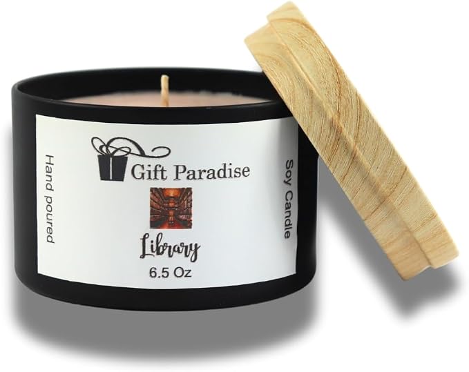 Gift Paradise® Library Soy Wax Candle – 6.5 oz Black Metal Tin with Cotton Wick | Antique Sandalwood, Aged Books & Ancient Alexandria Scent | Hand-Poured Long-Lasting Home Fragrance