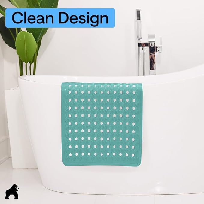 GORILLA GRIP Patented Square Shower Stall Mat, Small Bathtub Floor Mats for Stand Up Showers, Suction Cups and Drain Holes, Machine Wash, Soft on Feet, Bathroom Accessories 21x21 Inch Turquoise Opaque
