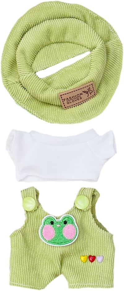 niannyyhouse 17cm Doll Clothes Hat White T-Shirt Animal Print Overalls 15cm Plush Doll Dressup (Green-2)