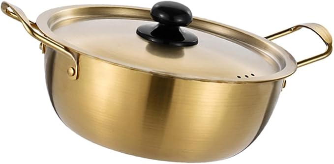 Korean Ramen Pot with Lid, Stainless Steel Golden Pasta Pot, Double Handles, Induction & Stovetop Safe, Lightweight Cooking Pot for Home & Outdoor Use, Inner Diameter 6 in