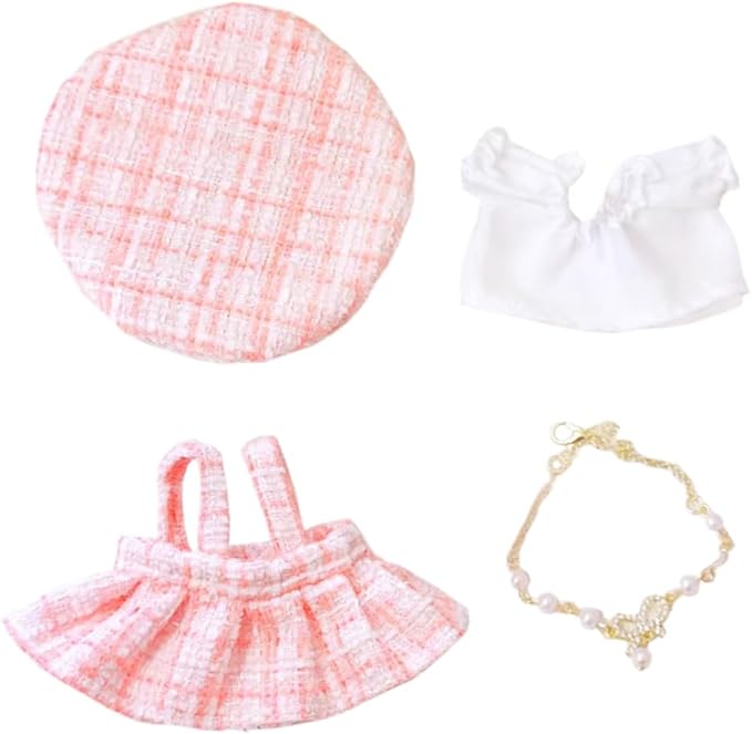 niannyyhouse 10cm~15cm Plush Doll Clothes Berets Suspender Skirt White Shirt Accessories Doll Dress Up (Pink)