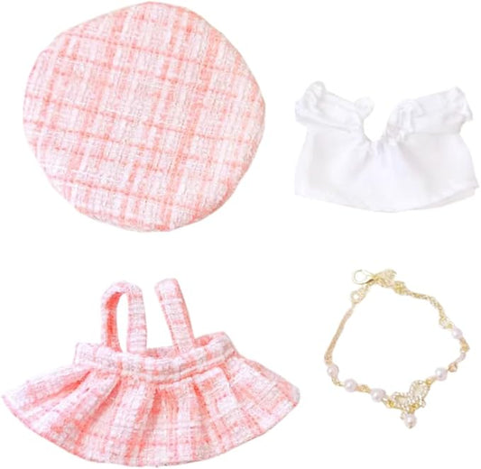 niannyyhouse 10cm~15cm Plush Doll Clothes Berets Suspender Skirt White Shirt Accessories Doll Dress Up (Pink)
