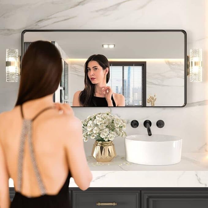 LOAAO 60X28 Inch Black Bathroom Mirror Metal Framed | Matte Black, Rounded Rectangle Mirror, Anti-Rust, Tempered Glass, Hangs Horizontally or Vertically