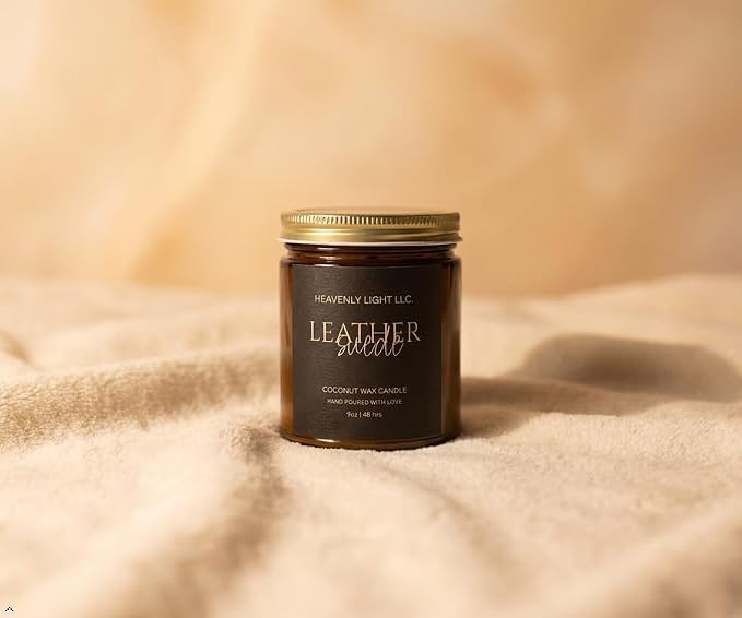 Leather Suede Scented Candle - 9 oz 100% Non-Toxic Coconut Wax Candle in Amber Glass Jar, Hand-Poured Aromatherapy Candle for Home, 50+ Hour Burn Time