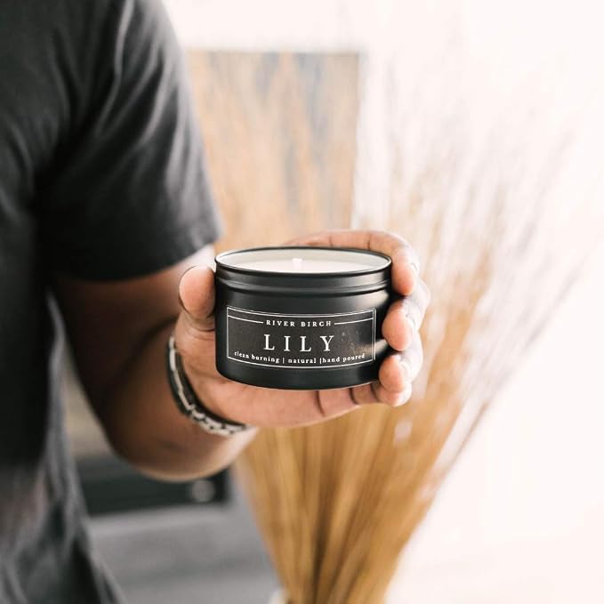 River Birch Candles Lily Scented Candle | Premium, All-Natural, Non-Toxic, Soy Candles | 8 oz. Black Matte Tin Travel Candle | Cozy Relaxing Gifts for Home