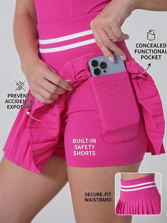 Two Piece Tennis Skirt Set for Women, Athletic Outfit with Pockets & Built-in Shorts, Moisture Wicking Golf Dress