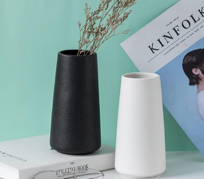 Black Ceramic Vase - Modern Flower Vase for Home Decor - Cute Vase for Pampas Grass - Desk Aesthetic Room Decor- Farmhouse Decor - Living Room - Dining Table - Office - Kitchen Shelf